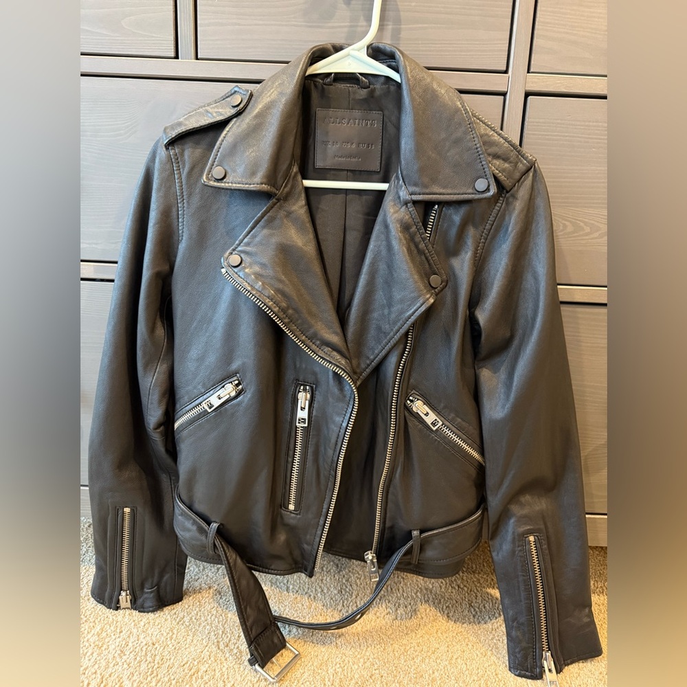 All Saints Charcoal Leather Moto Jacket